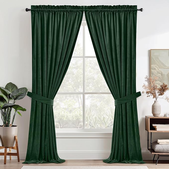 StangH Green Velvet Blackout Curtains Luxury Thick Noise Reducing Privacy Room Dividers Thermal Insulated for Dining Living Room Bedroom, Dark Green, W62 x L96, 2 Panels