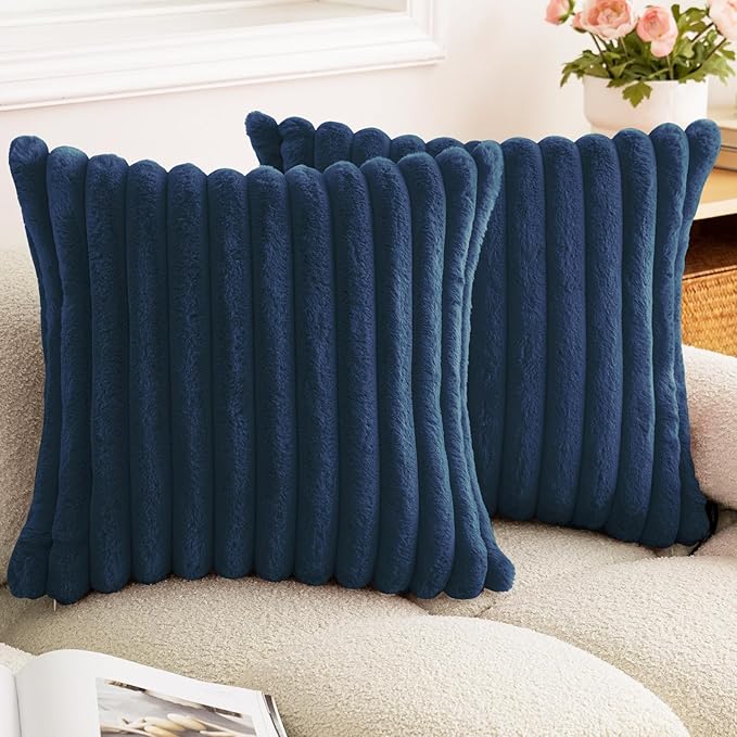 Double-Sided Faux Fur Plush Throw Pillow Covers 18x18 Set of 2 Fuzzy Striped Soft Cozy Pillowcase Luxury Decorative Pillows Square Fluffy Cushion Cover for Couch Sofa Bed,Navy Blue