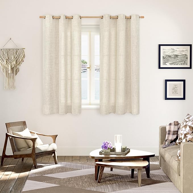 YoungsTex 48 Inches Long Linen Curtains for Short Window, Boho Semi Sheer Drapes Textured Light Filtering with Bronze Grommet Privacy for Kitchen Living Room Windows, 42 x 48 Inch, 2 Panels