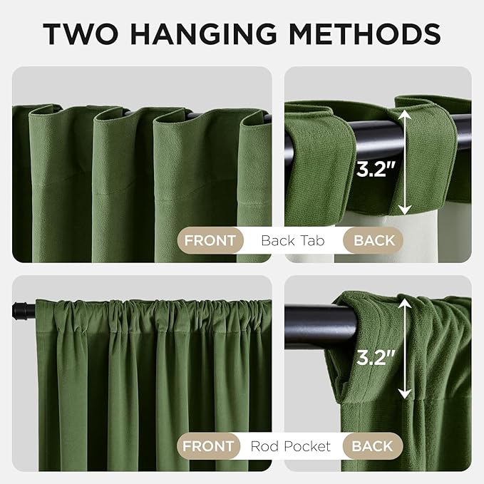 Joydeco Olive Green 100% Blackout Curtains 102 Inch 2 Panels, Luxury Thermal Green Velvet Curtains for Bedroom Living Room, Soundproof Blackout Window Drapes, Rod Pocket & Back Tab (52W x 102L)