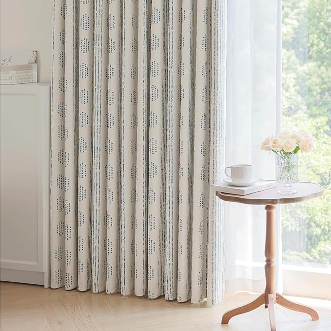 100% Boho Blackout Curtains 90 Inches Long for Bedroom, Blue on Beige Patterned Bohemian Curtains for Living Room, Geometric Striped Thermal Insulated Window Drapes Gromment Top 2 Panels