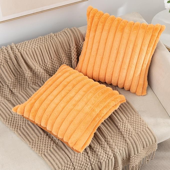 ZLINA Set of 2 Orange Faux Fur Decorative Throw Pillow Covers Fluffy Striped Pillowcase Cushion Covers 20 x 20 Inch Decor Sofa Couch Bedroom