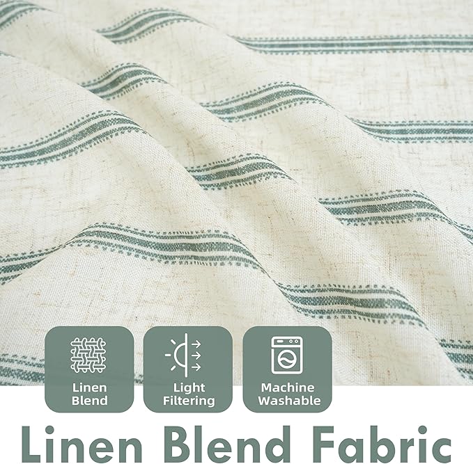 DriftAway Farmhouse Vertical Striped Linen Blend Textured Light Filtering Semi Sheer Curtains for Living Room Bedroom 108 Inches Long Drapes 2 Panels Linen Loden Green