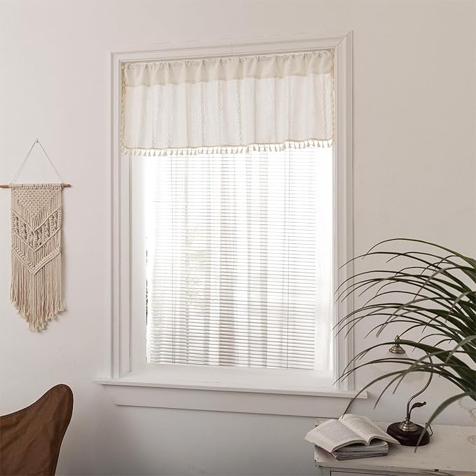 Sutuo Home White Boho Valance Curtains Tier 36 inches for Kitchen Cafe Closet, Short Farmhouse Vintage Tassels Window Treatment Bohemian Stripe Embroidery Drape Rod Pocket 1 Panel 52" W x 36" L