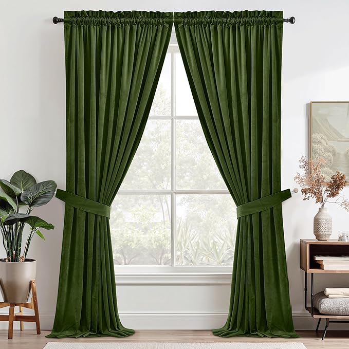 StangH Luxury Moss Green Velvet Curtains for Bedroom, 62 inches Wide Room Darkening Noise Reducing Sliding Door Panels for Dining Room/Office/Apartment, W62 x L84, 2 Panels
