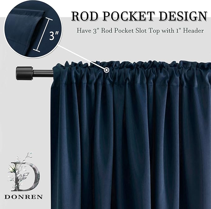 DONREN 72 Inch Navy Blue Blackout Curtains for Craft Room - Thermal Insulated Room Darkening Rod Pocket Curtains,Set of 2 Panels