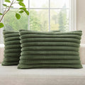 decorUhome Faux Fur Throw Pillow Covers 12x20 Set of 2, Decorative Soft Plush Striped Lumbar Neutral Couch Euro Pillow Covers with Velvet Back for Sofa, Bed, Living Room Home Decor, Olive Green