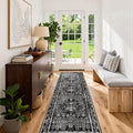 3x8 Hallway Washable Runner Rug: Extra Long Kitchen Runner Non Slip Floral Rugs Printed Faux Wool Low Pile Soft Indoor Floor Carpet for Bedroon Dining Living Room Bathroom Black White 3x8