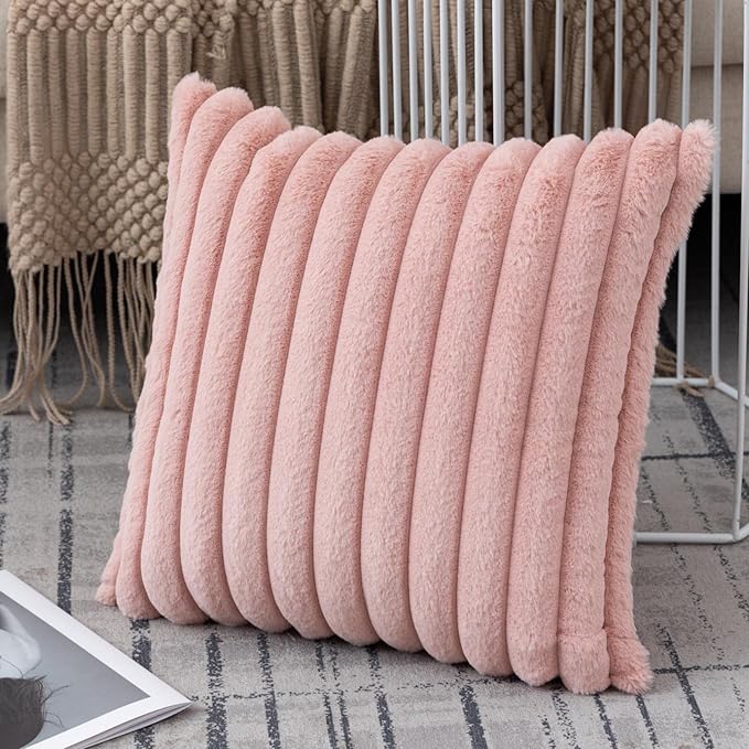 ZLINA Set of 2 Baby Pink Faux Fur Decorative Throw Pillow Covers Fluffy Striped Pillowcase Cushion Covers 26 x 26 Inch Decor Sofa Couch Bedroom