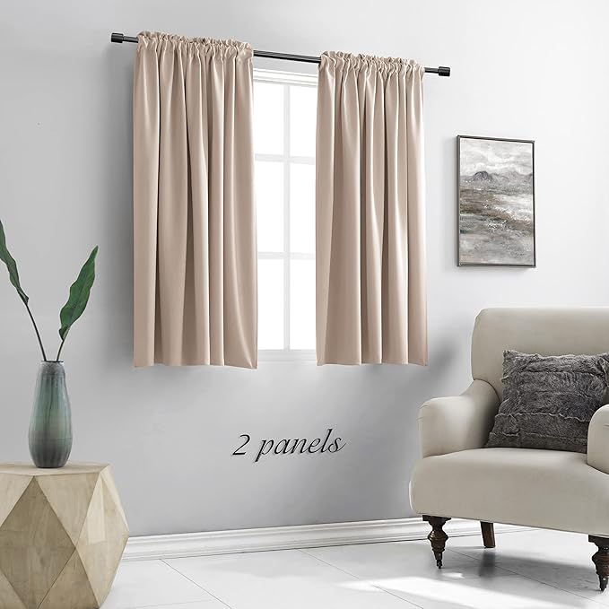 DONREN 48 Inch Curtains for Boy's Room - Blackout Thermal Insulated Window Drapes with Rod Pocket for Short Windows (2 Panels,52 x 48 Inch,Taupe)