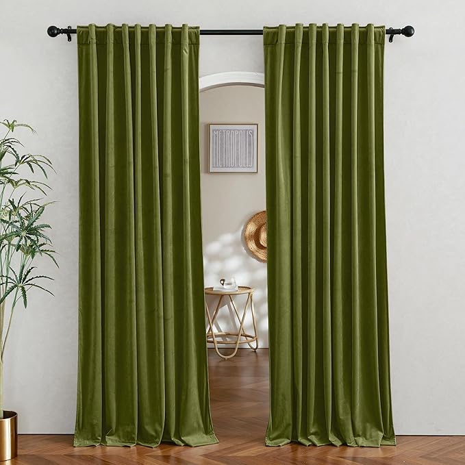 RYB HOME Velvet Curtains 90 inches Length, Back Tab & Rod Pocket Soft Fabric Curtains & Drapes for Bedroom Room Divider, Moss Green, W 62 x L 90, 2 Panels Set