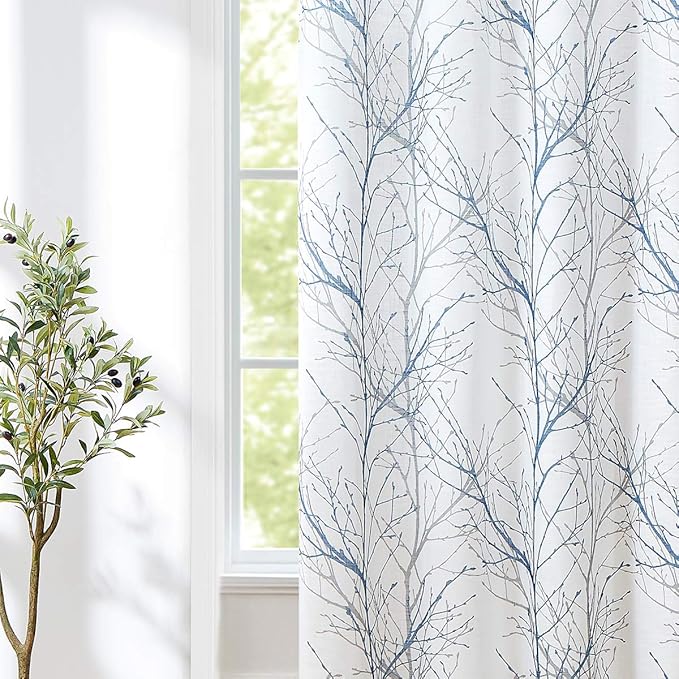 FMFUNCTEX Blue White Sliding Glass Door Curtain 84 Inches Long Branch Tree Print 100 Inch Extra Wide Linen Semi Sheer White Grommet Curtain for Living Room Patio Door Room Divider Curtain 1 Panel