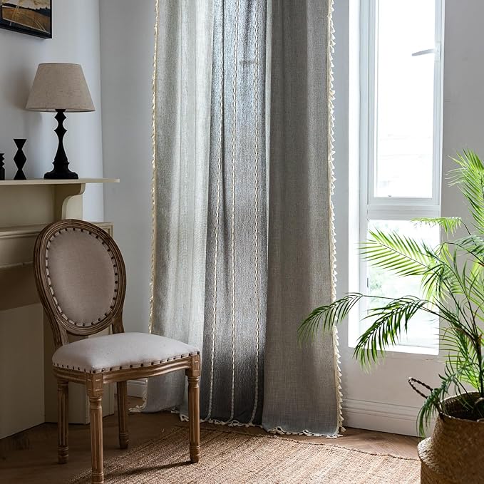 Sutuo Home Boho Curtains for Bedroom Dining Room, Semi Blackout Linen Farmhouse Shabby Chic Tassels Window Treatment Bohemian Embroidery Drape, Rod Pocket 1 Panel 52" W x 84" L, Gray Linen