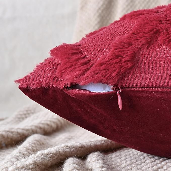 Set of 2 Soft Moroccan Throw Pillow Covers 18x18 Inch Plush Boho Decorative Pillow Cover Accent Cushion Case for Couch Sofa Bed, Burgundy