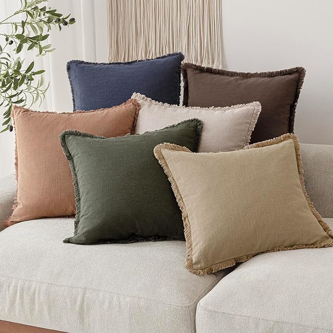 Foindtower Set of 2 Decorative Linen Fringe Lumbar Throw Pillow Covers Farmhouse Cushion Cover with Tassels Soft Accent Pillowcase for Couch Sofa Bed Living Room Home Decor,12×20 Inch,Reddish Brown