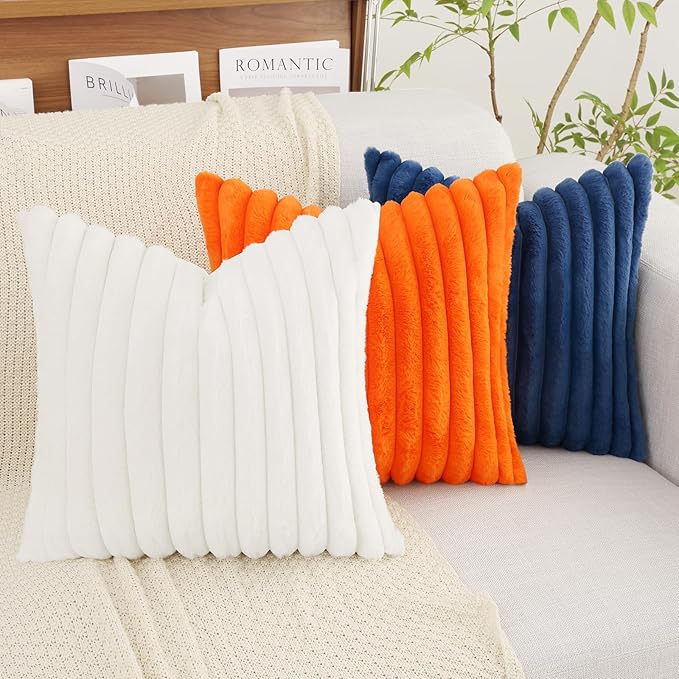 decorUhome Faux Fur Spring Throw Pillow Covers 26x26 Set of 2, Decorative Soft Plush Striped Neutral Couch Euro Sham Pillow Covers with Velvet Back for Sofa, Bed, Living Room Home, White