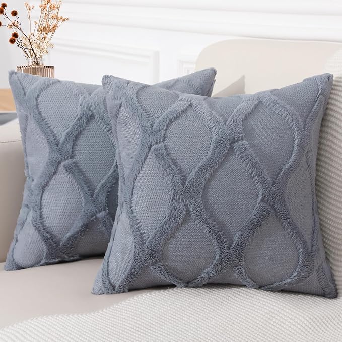 decorUhome Spring Throw Pillow Covers 16x16 Inch Set of 2, Soft Plush Faux Fur Wool Blue Grey Couch Pillow Covers, Decorative Neutral Pillow Cases for Bed Sofa Living Room Home Decor