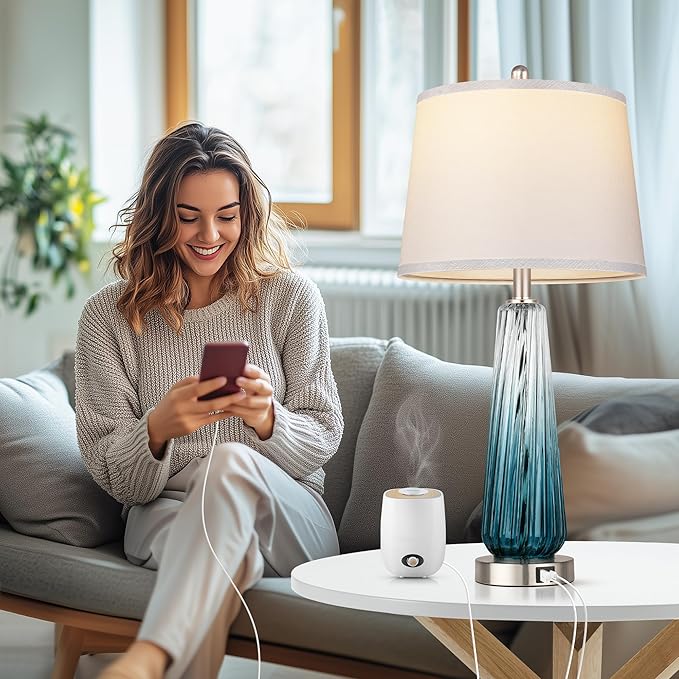 Glass Table Lamps for Living Room, Modern Bedside Lamps with USB A+C Ports, 3-Way Dimmable Touch Control Nightstand Lamp with White Linen Shade, 27.5" Large Lamps for Bedrooms Decor, Teal, 1 Pack