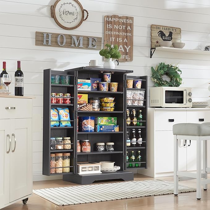 ACCOHOHO 47" Kitchen Pantry, Farmhouse Storage Cabinet with Barn Doors, Organizer and Adjustable Shelves, Rustic Wood Cupboard for Kitchen, Dining Room, Bathroom and Hallway, Black