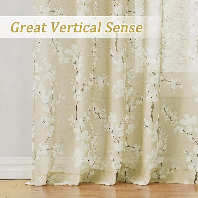 FMFUNCTEX Linen Sheer Curtains for Living Room, Cream Blossom Floral Print Curtains 96 Inches Long for Bedroom, Light Filtering Linen Blend Butter Yellow Floral Window Curtain 2 Panels Rod Pocket