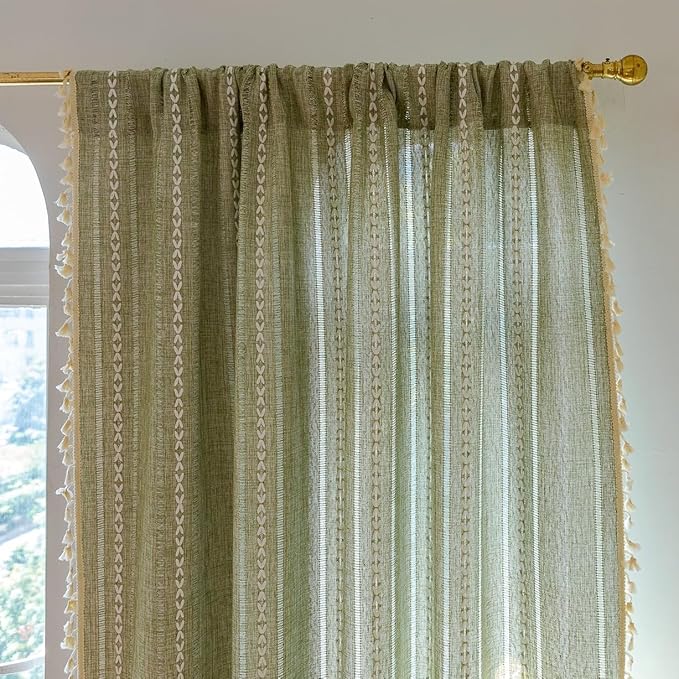 Sutuo Home Green Boho Curtains 102 inches Long for Bedroom Living Room Nursery Room, Semi Blackout Linen Farmhouse Tassels Window Treatment Bohemian Embroidery Drape, Rod Pocket 1 Panel 52" W x 102" L