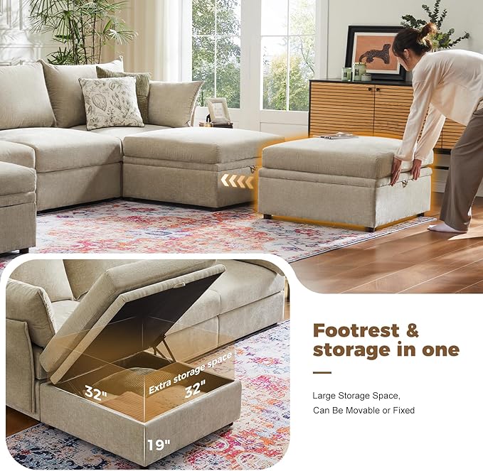 ABCASA 103.5" Oversized Modular Sectional Sofa, L Shaped Convertible Couch with Movable Ottoman, Large 6 Seat Corner Couches for Living Room Deep Seat- Beige Chenille