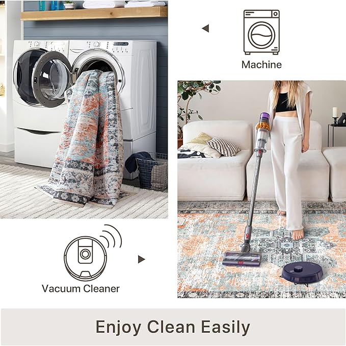 vivorug 5x7 Area Rugs - Ultra-Thin Washable Rug with Non-Slip Backing, Ideal for Living Room, Bedroom, Dining Room Indoor - Vintage, Easy Clean, Durable, Low Pile Rug Orange