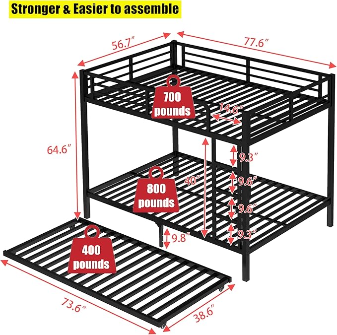 Upgraded & Stronger Heavy Duty Metal Full Over Full Bunk Bed with Trundle for Adults & Teens, Thickened More Stable Safer Bunkbeds (Greater Weight Capacity)
