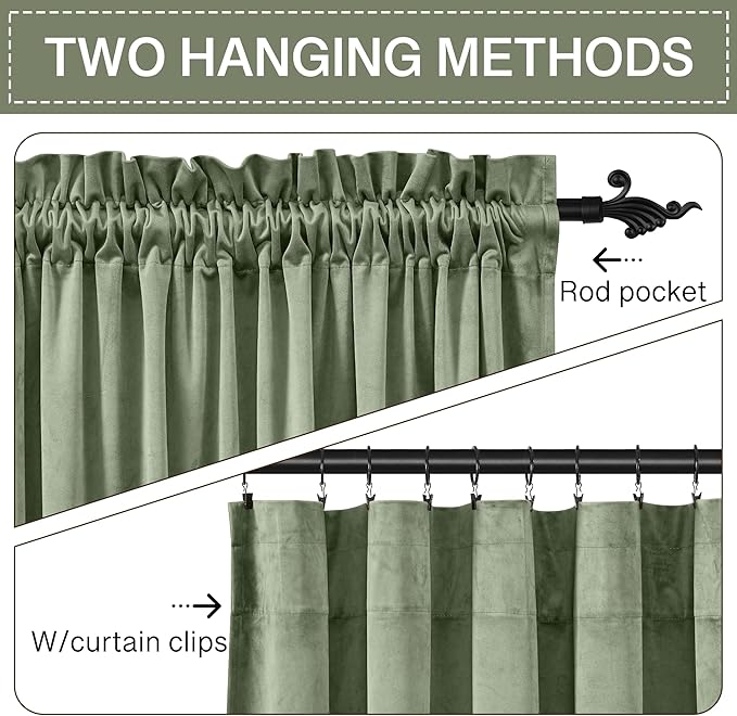 StangH Sage Green Curtains 72 inches Long Velvet Room Darkening for Nursery, Christmas Holiday Home Decor Blackout Drapes Energy Saving Rod Pocket for Living Room, W52 x L72, 2 Panels