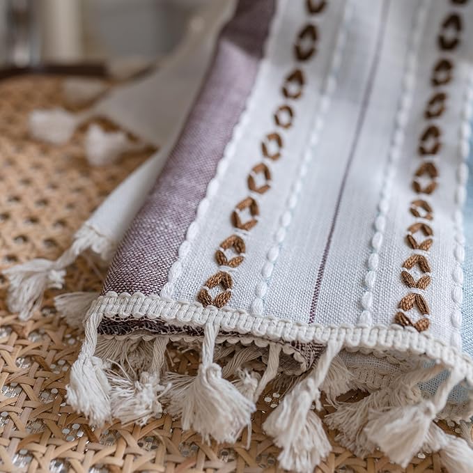 Sutuo Home Boho Curtains 72 inches for Bedroom Living Room, Semi Blackout Linen Farmhouse Tassels Window Treatment Bohemian Embroidery Drape, Rod Pocket 1 Panel 52" W x 72" L, Brown Blue Striped Linen