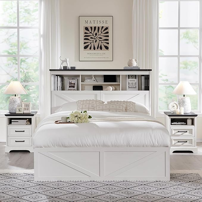 ACCOHOHO Full Bed Frame with 52" Tall Headboard and 4 Drawers,LED Light,Charging Station,Solid Wood Slats Support,No Box Spring Needed,White