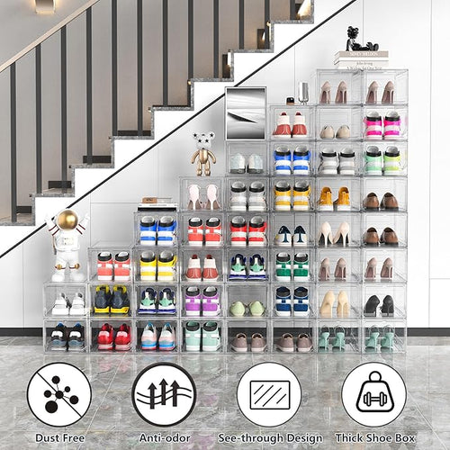 12 Pack Hard Sturdy Thickened Rigid XX Large Shoe Storage Organizer for Closet, Clear Stackable Sneaker Shoe Boxes Rack Containers Display Case Bins with Lids, White