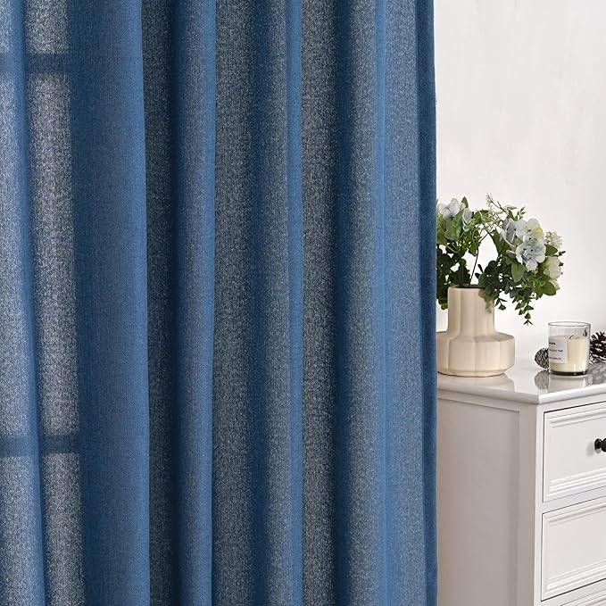 YoungsTex Navy Blue Linen Kitchen Window Curtains 40 Inch Length, Short Light Filtering Drapes Semi Sheer with Bronze Grommet Privacy for Cafe Bathroom Windows, 42 x 40 Inch, 2 Panels