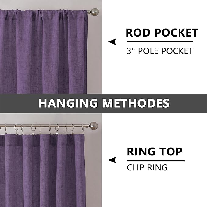 Tollpiz Linen Curtain Bedroom Rod Pocket Semi Sheer Curtains Burlap Light Filtering Thick Linen Drape for Living Room, 38 x 84 inches Long, Royal Purple, Set of 2 Panels