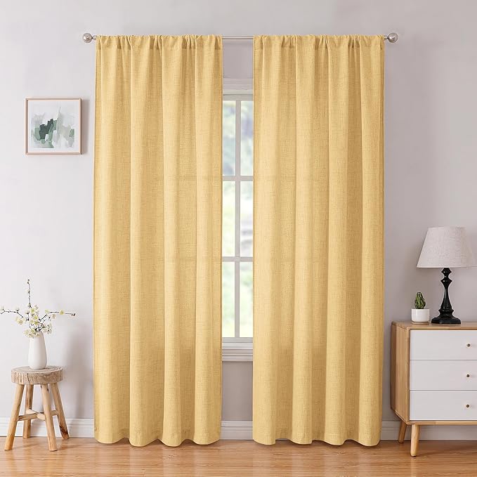 Tollpiz Linen Curtain Bedroom Rod Pocket Semi Sheer Curtains Burlap Light Filtering Thick Linen Drape for Living Room, 38 x 84 inches Long, Beige, Set of 2 Panels