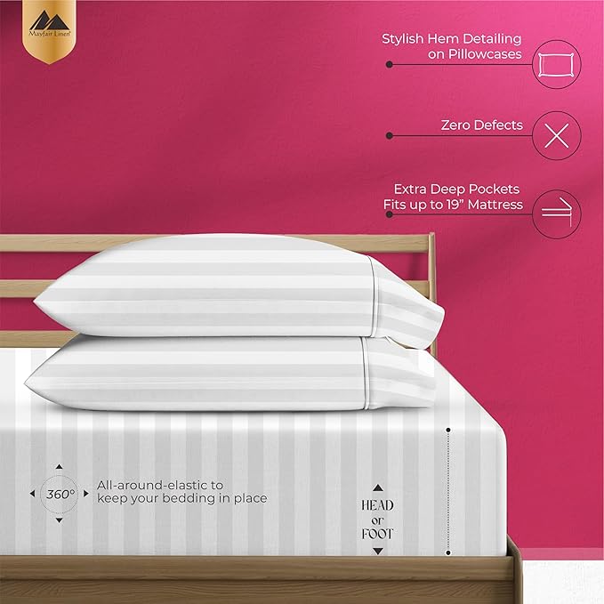 Mayfair Linen 100% Egyptian Cotton Sheets Queen Size - 1200 Thread Count 4 PC Damask Queen Sheet Set Egyptian Cotton, Sateen Luxury Sheet, High Thread Count Sheets, 17" Deep Pocket - White Stripe