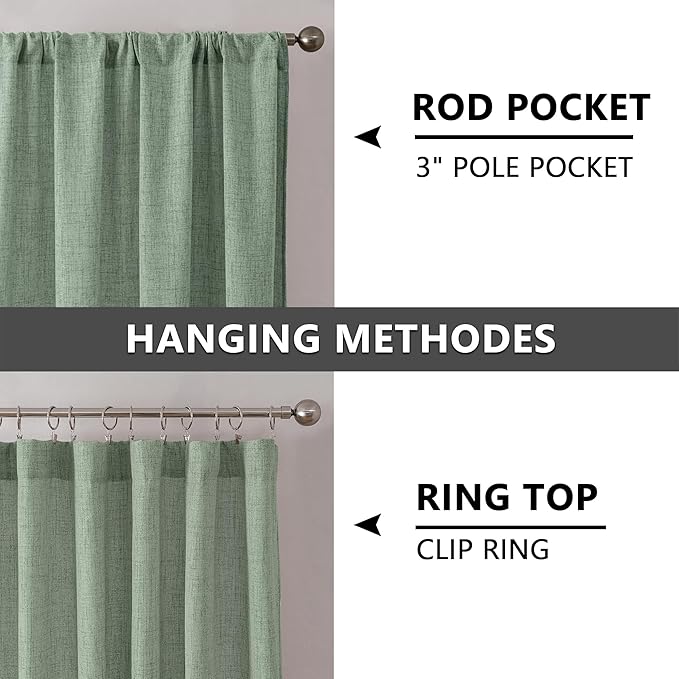 Tollpiz Short Linen Curtains Bedroom Rod Pocket Semi Sheer Curtain Burlap Light Filtering Thick Linen Drapes for Living Room, 38 x 45 inches Long, Sage Green, Set of 2 Panels