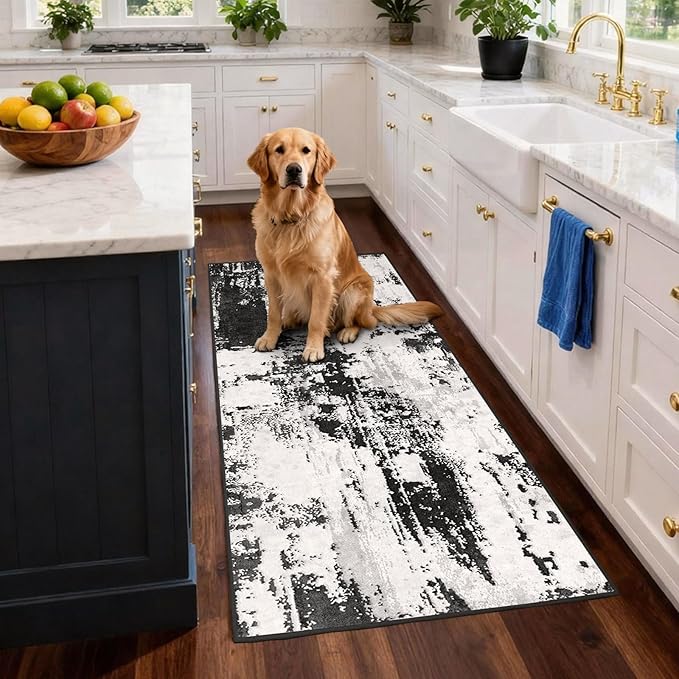 Machine Washable Runner Rug 2x6: Non Slip Hallway Rug Low Pile Kitchen Runner Soft Abstract Rug with Rubber Backing for Entryway Bedroom Bathroom Farmhouse Laundry Living Room Black White 2x6