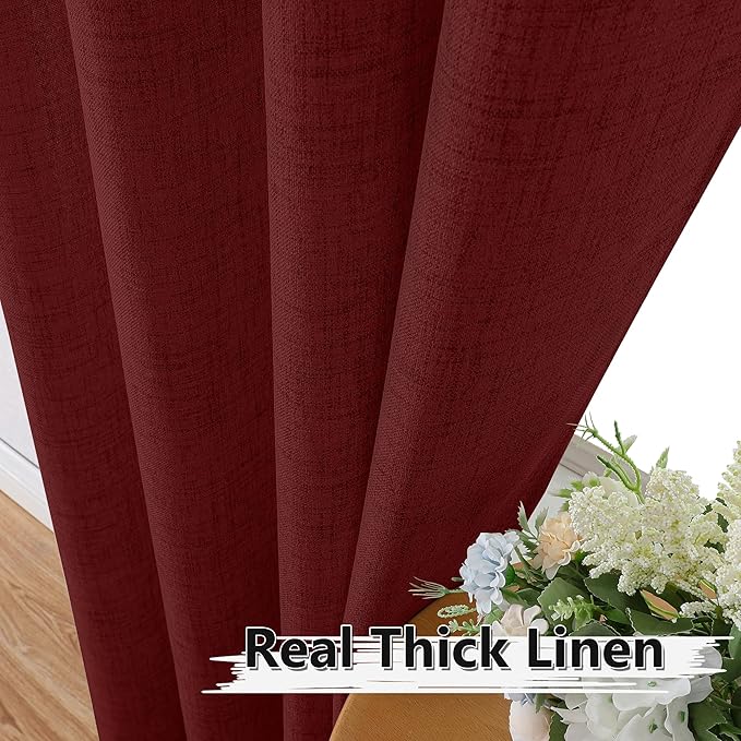 Tollpiz Linen Curtain Bedroom Rod Pocket Semi Sheer Curtains Burlap Light Filtering Thick Linen Drape for Living Room, 38 x 84 inches Long, Burgundy Red, Set of 2 Panels