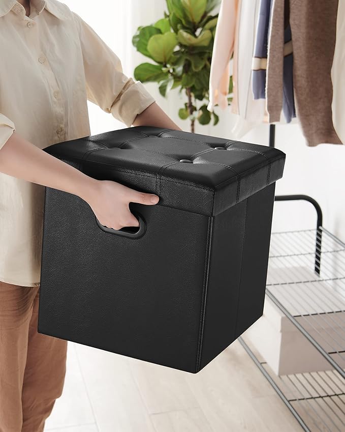 SONGMICS MAZIE Collection - 15 Inches Ottoman with Storage, Footstool, Storage Ottoman with Metal Grommet Handles, Load 660 lb, for Dorm, Living Room, Bedroom, Synthetic Leather, Black ULSF30B