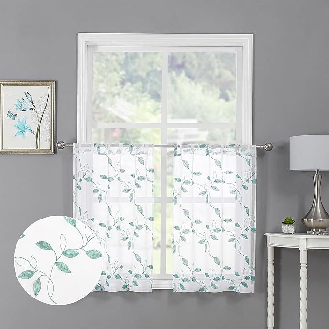 Tollpiz Teal Blue Leaf Sheer Tier Curtain Leaves Embroidered Kitchen Curtains Rod Pocket Voile Bathroom Window Treatment for Cafe, 30 x 36 inches Long, Set of 2 Panels