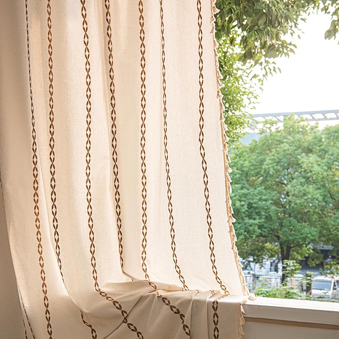 Sutuo Home Boho Curtains 63 Inch Length for Bedroom Nursery Room, Rod Pocket Light Filtering Cotton Embroideried Bohemian Striped Semi Blackout Farmhouse Decor, White and Coffee 1 Panel W52 x L63
