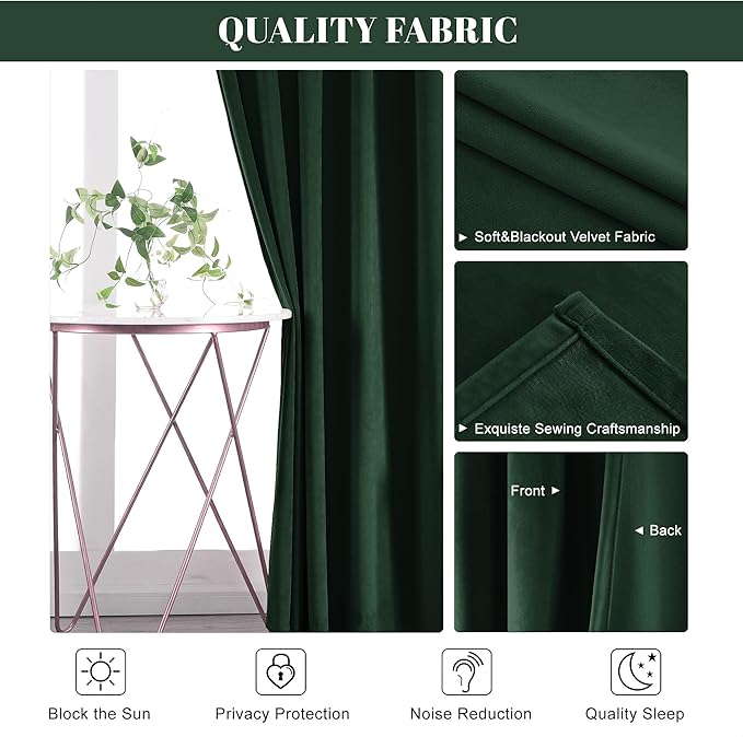nanbowang Dark Green Velvet Curtains - 42 Inches Width 96 Inches Long Soft Curtain Rod Pocket Thermal Insulated Window Treatment for Bedroom 2 Panels