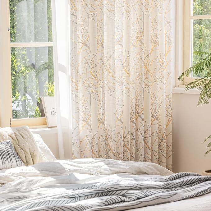 FMFUNCTEX Linen Semi Sheer Curtains for Bedroom, Yellow White Curtains 45 Inches Long for Living Room, Grey Tree Branch Print Curtain Light Filtering Kitchen Window Drapes, Grommet Top 2 Panels