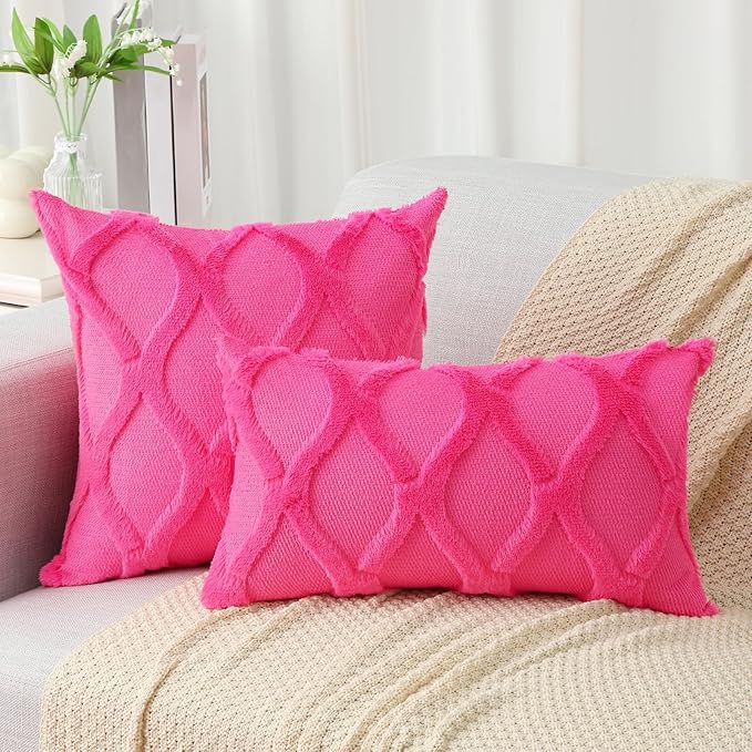 decorUhome Spring Euro Sham Throw Pillow Covers 26x26 Inch Set of 2, Soft Plush Faux Fur Wool Hot Pink Couch Pillow Covers, Decorative Neutral Pillow Cases for Bed Sofa Living Room Home Decor