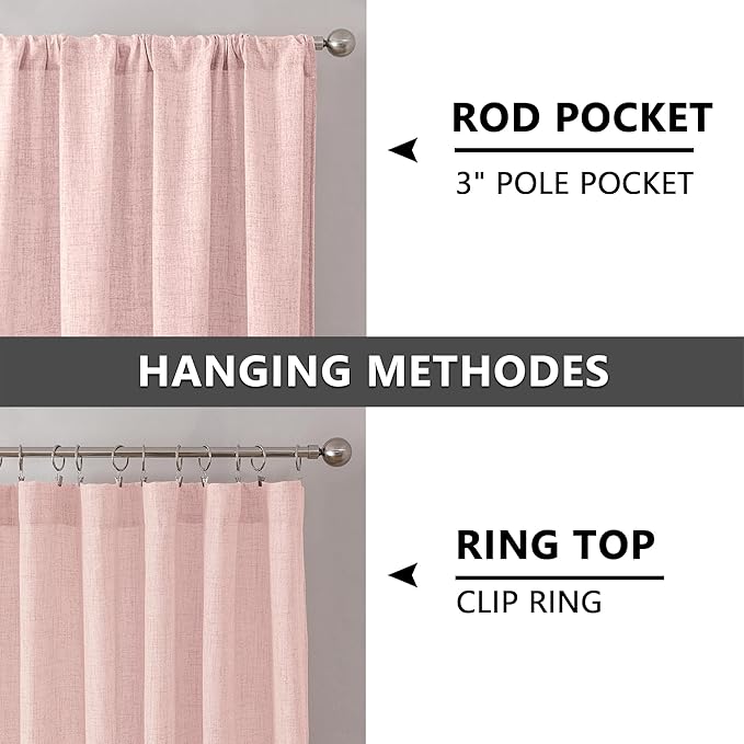 Tollpiz Linen Tier Curtains Rod Pocket Semi Sheer Short Kitchen Curtain Half Burlap Light Filtering Thick Linen Drape for Bathroom, 30 x 30 inches Long, Pink, Set of 2 Panels
