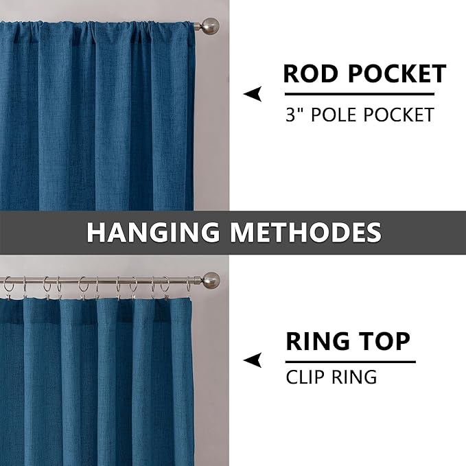 Tollpiz Linen Curtains Living Room Rod Pocket Semi Sheer Curtain Burlap Light Filtering Thick Linen Drapes for Bedroom, 38 x 63 inches Long, Classic Blue, Set of 2 Panels