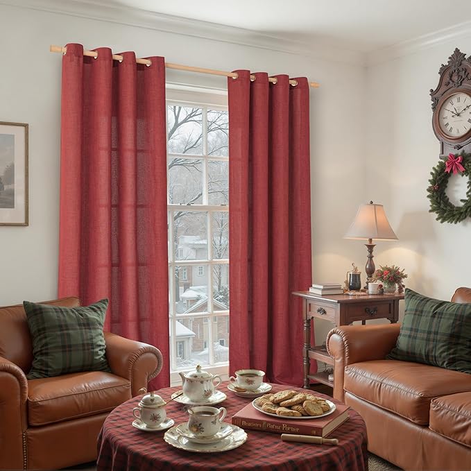 YoungsTex Red Linen Curtains 95 Inch Length for Living Room, Extra Long Light Filtering Drapes with Bronze Grommet Privacy for Dining Bedroom, 52 x 95 Inch, 2 Panels