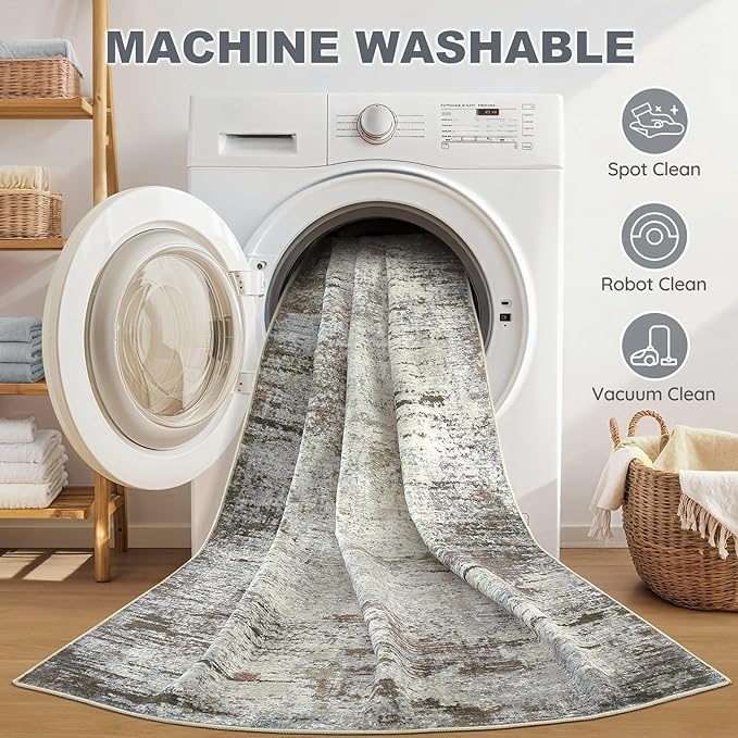 Area Rug Living Room Rugs - 8x10 Washable Large Soft Indoor Neutral Modern Abstract Low Pile Rug Carpet for Bedroom Dining Room Farmhouse Home Office - Brown Rust