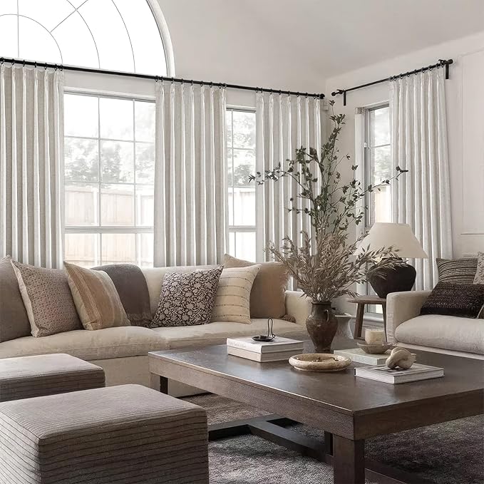 Topfinel 132 Inches Long Extra Long Pinch Pleat Faux Linen Curtains for Living Room,Neutral Beige 100 Percent Blackout Floor to Ceiling Farmhouse Sound Absorbing Drapes 2 Panels for Track System 101FT